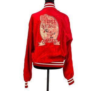 Vtg Varsity Bomber Jacket Womens M DeLong Graphic Girls Softball Red‎ Satin Snap